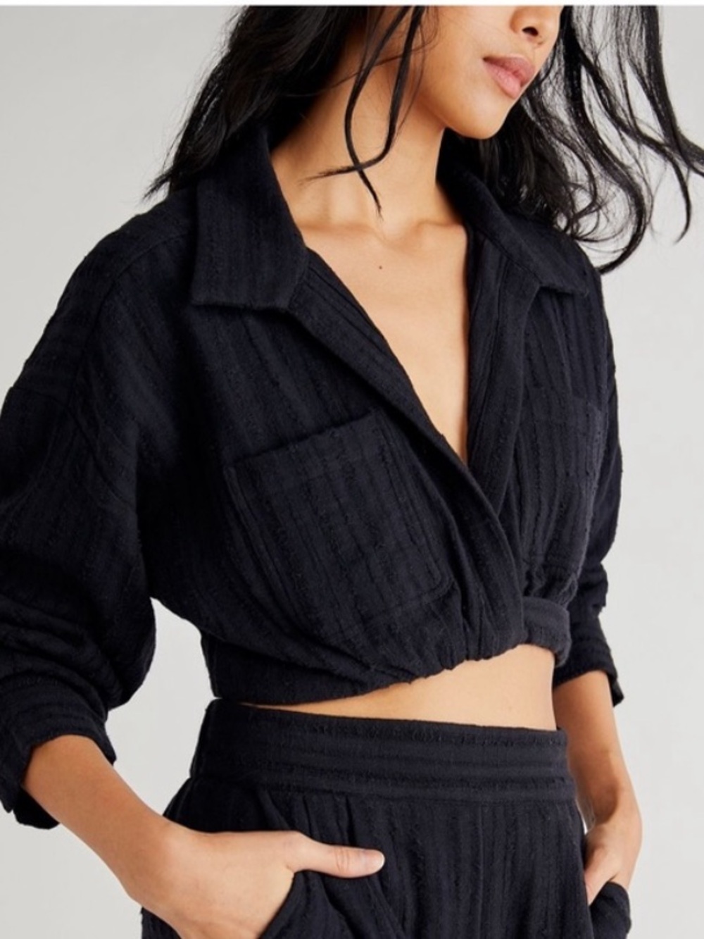 Free People Stay Cool Black 100% Cotton Cropped Blouse